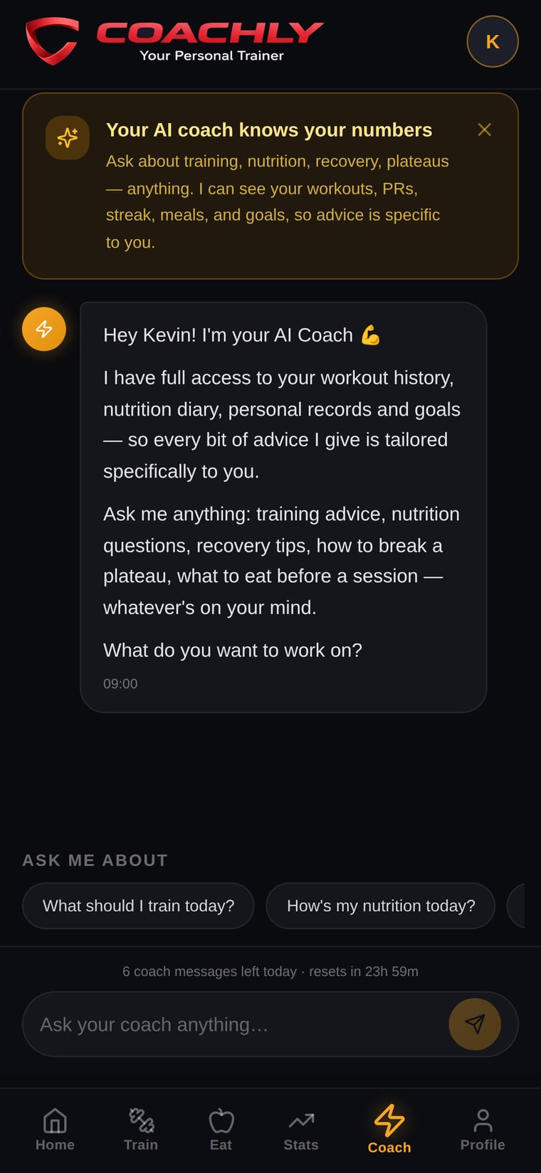 Coachly AI coach chat screen