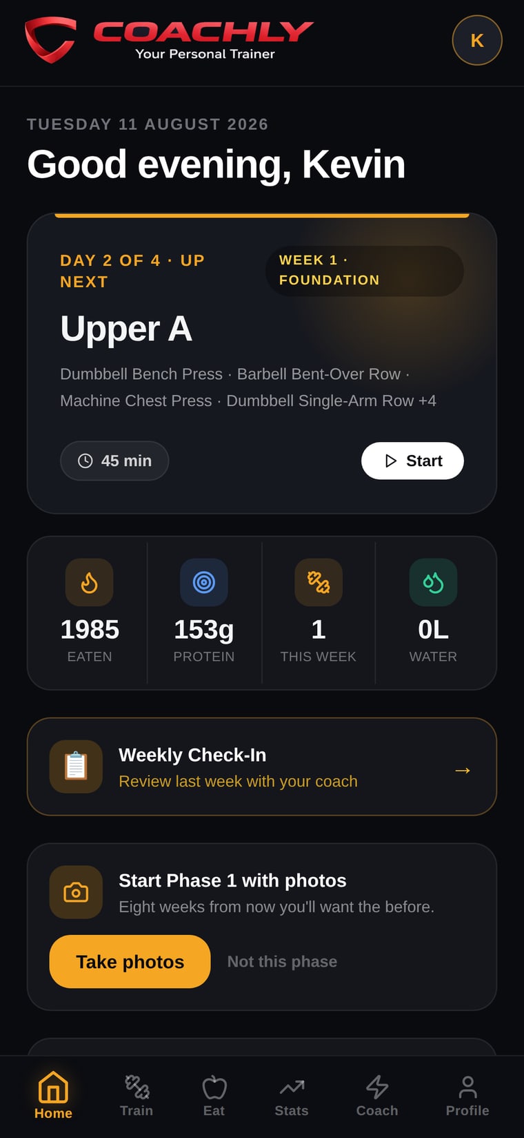 Coachly home screen showing the next workout and daily targets